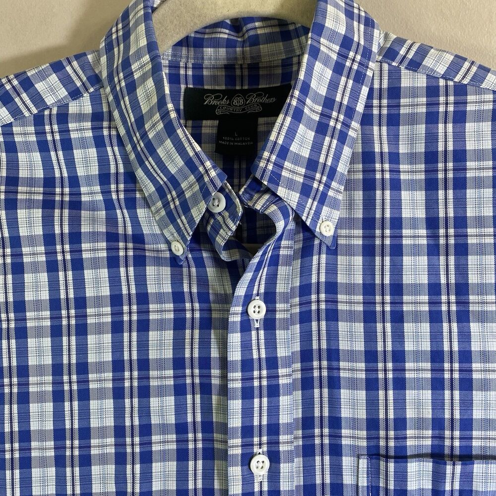 Brooks Brothers Country Club Men Large Woven Blue Plaid Cotton Button Down